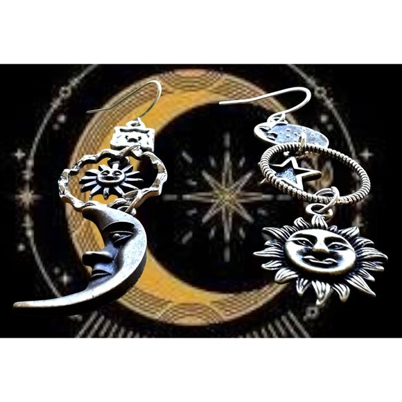 Celestial Star Moon Sun Earrings Dangle Hooks Astrology Eclectic Mismatched New - Picture 7 of 12
